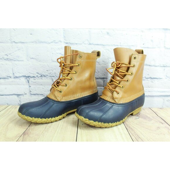LL Bean Blue Brown Leather Rubber Unlined 8" Ankle Duck Boots Round Toe Size 8 M - Picture 2 of 10